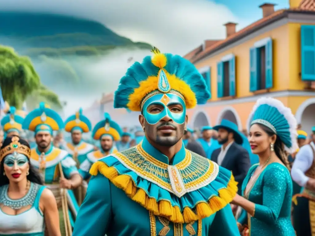 Deslumbrante Carnaval Uruguayo sostenible huella ambiental con bailes y música tradicional entre arquitectura colorida y exuberante naturaleza