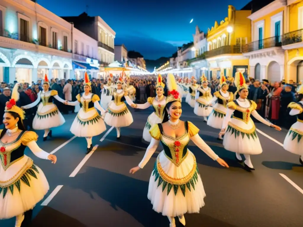 Deslumbrante Carnaval Uruguayo sostenible con carros alegóricos iluminados bajo un cielo estrellado