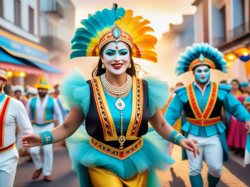 Deslumbrante Carnaval Uruguayo con tecnología integrada en trajes y carrozas, danzantes alegres y multitud festiva