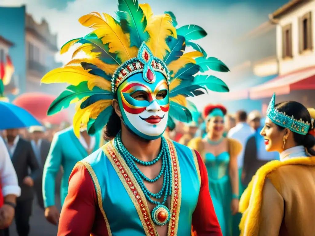 Deslumbrante ilustración acuarela del Carnaval uruguayo, con trajes coloridos, máscaras y bailarines enérgicos desfilando por las calles