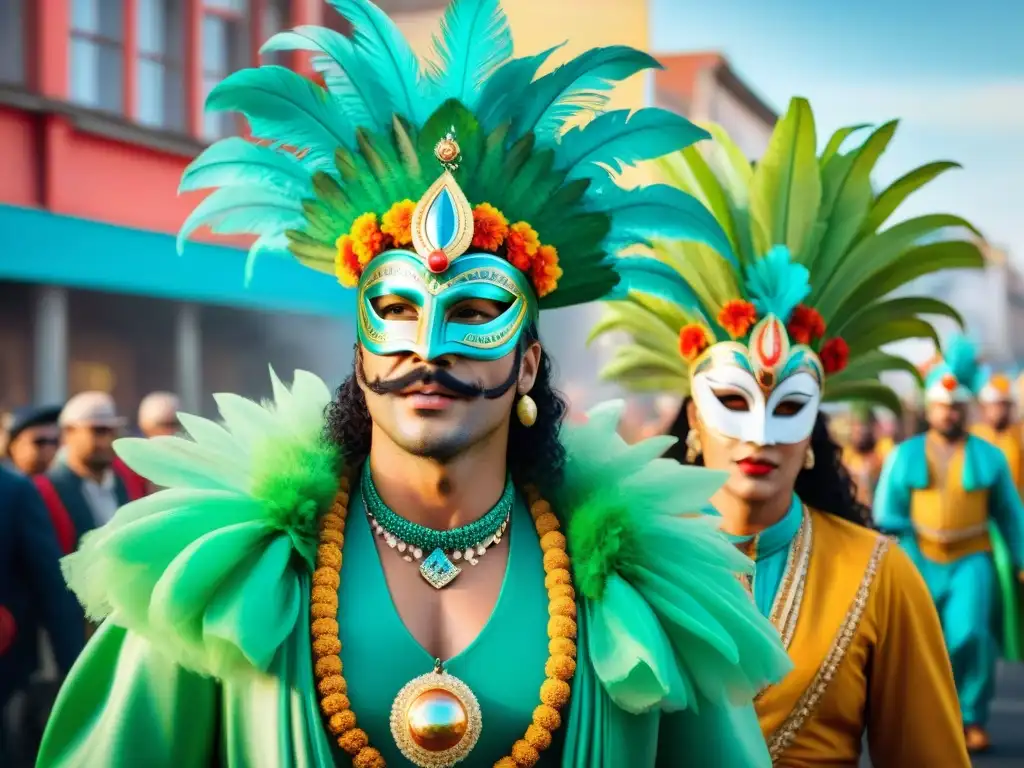 Deslumbrante Carnaval Uruguayo con vestuario sostenible y coloridas máscaras en vibrante desfile