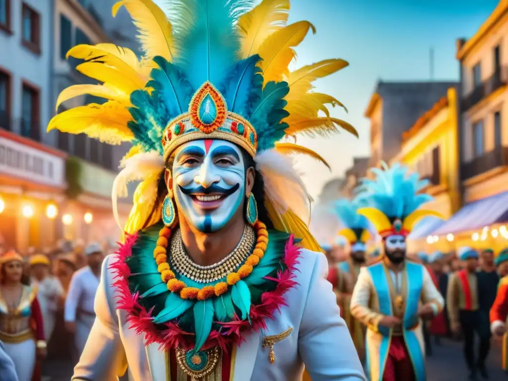 Deslumbrante carro alegórico en el Carnaval Uruguayo, rodeado de bailarines y espectadores entusiastas