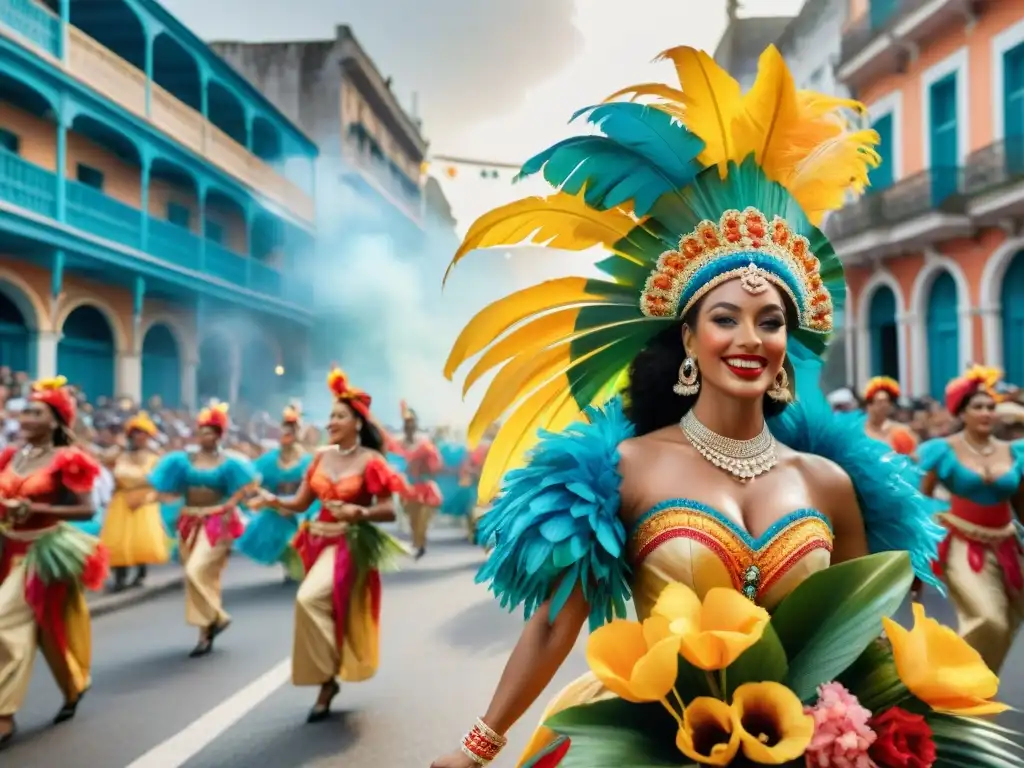 Deslumbrante carro alegórico con influencers caribeños en el Carnaval Uruguayo