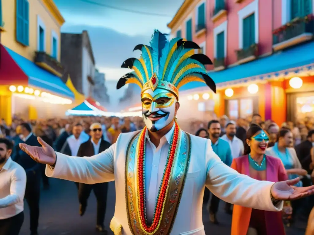 Deslumbrante carroza futurista en el Carnaval Uruguayo, fusionando tradición y modernidad con luces y baile