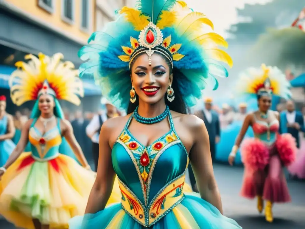 Deslumbrante ilustración acuarela de coloridos bailarines de Carnaval en Uruguay