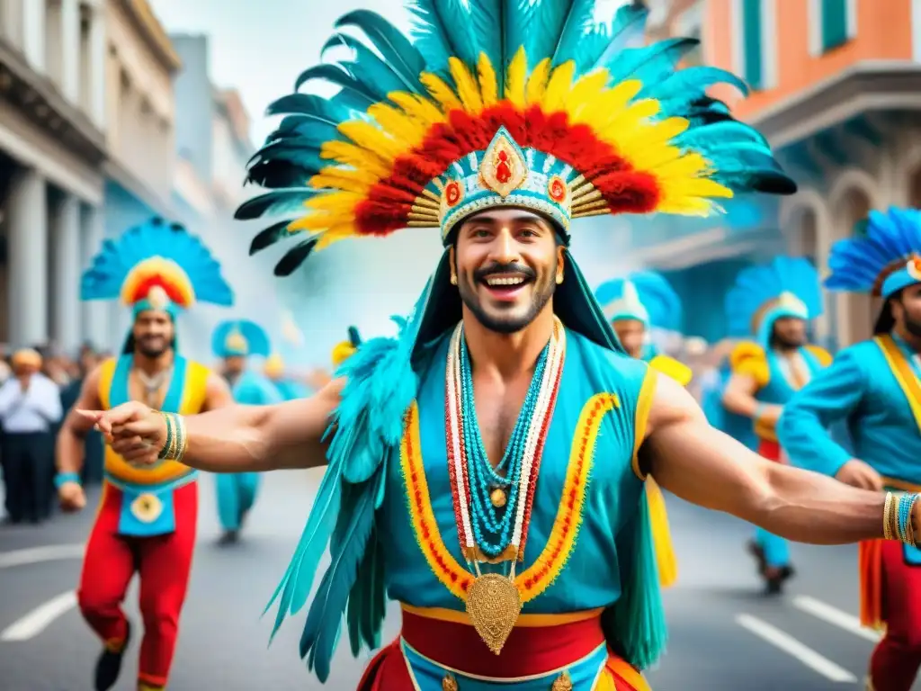 Deslumbrante comparsa de Carnaval Uruguayo con trajes detallados y danzas alegres