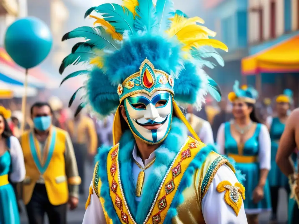 Deslumbrante comparsa del Carnaval Uruguayo: coloridos trajes, plumas, y máscaras en un desfile lleno de energía y cultura