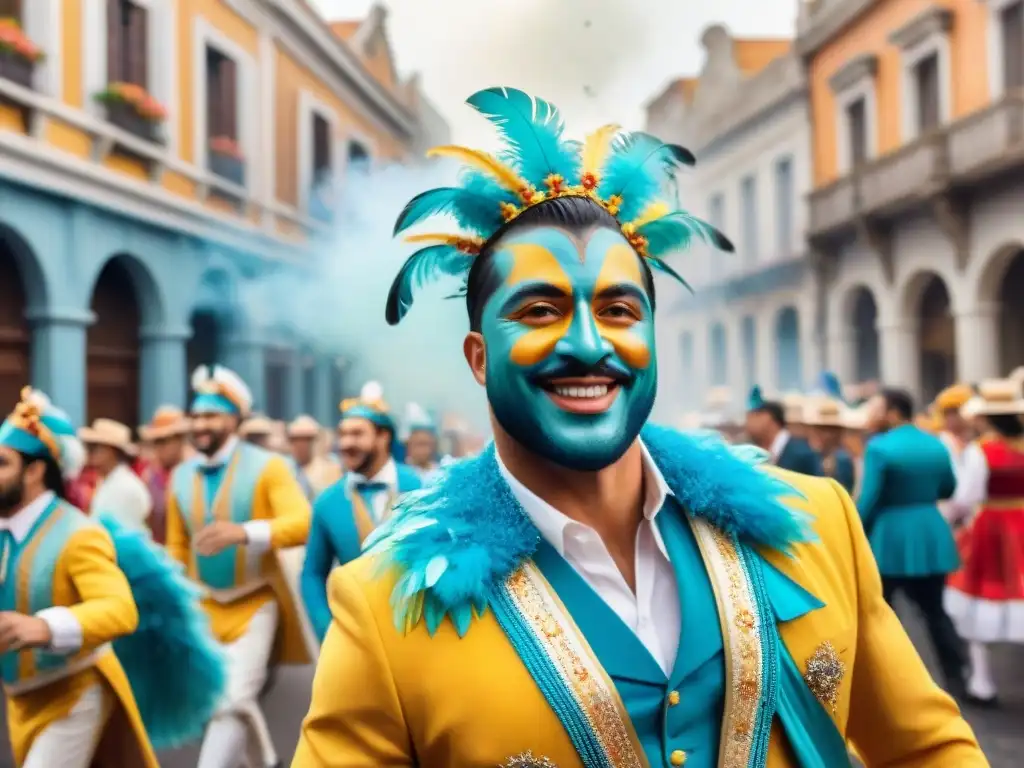 Deslumbrante comparsa uruguaya en carnaval, con vibrantes colores y danzas alegres, reflejando el impacto tecnológico en comparsas uruguayas