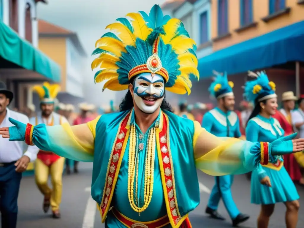 Un deslumbrante cuadro acuarela del animado desfile de Carnaval en Uruguay, con coloridos trajes y carrozas detalladas