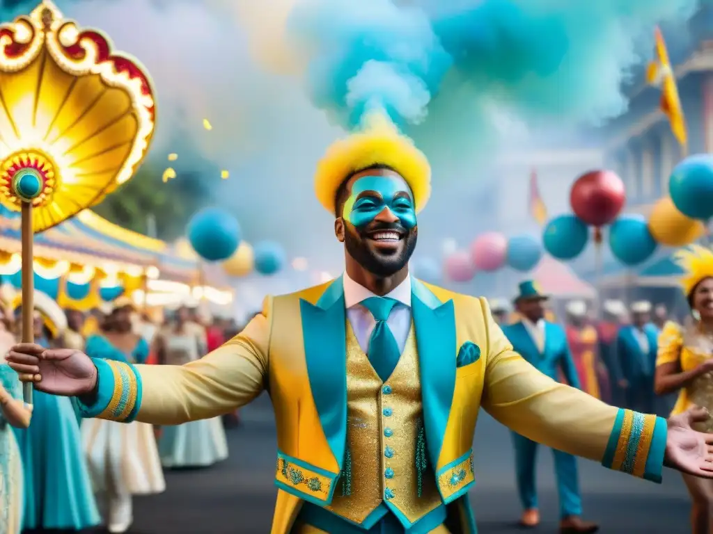 Un deslumbrante cuadro acuarela que captura la energía vibrante del desfile de Carnaval