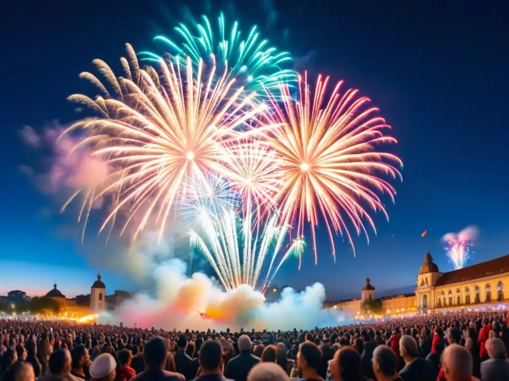 Un deslumbrante cuadro de acuarela que captura la explosión de los fuegos artificiales en el Carnaval Uruguayo