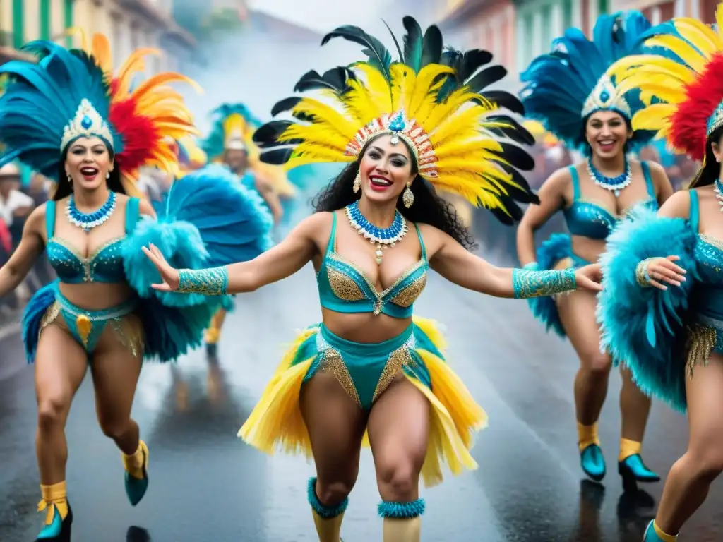 Un deslumbrante cuadro acuarela que captura la historia y la danza del carnaval uruguayo con energía vibrante