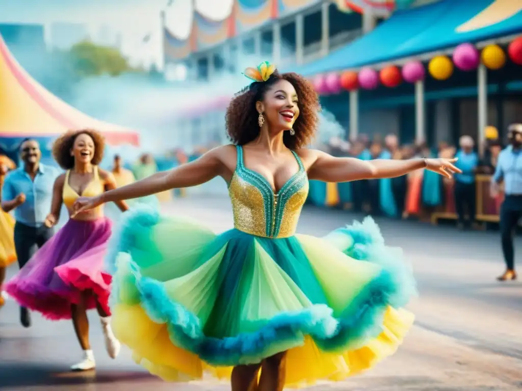 Un deslumbrante desfile de bailarines de carnaval en vibrantes trajes, celebrando con alegría