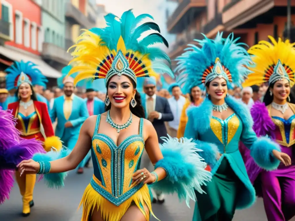 Deslumbrante desfile de bailarines en el Carnaval Uruguayo, con vestuarios llenos de plumas, lentejuelas y bordados