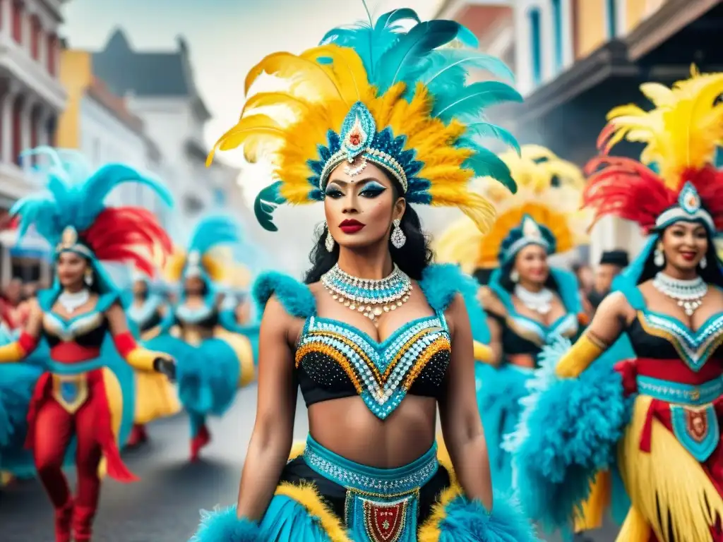 Deslumbrante desfile de bailarines en exquisitos trajes de Carnaval, fusionando diseño uruguayo e internacional