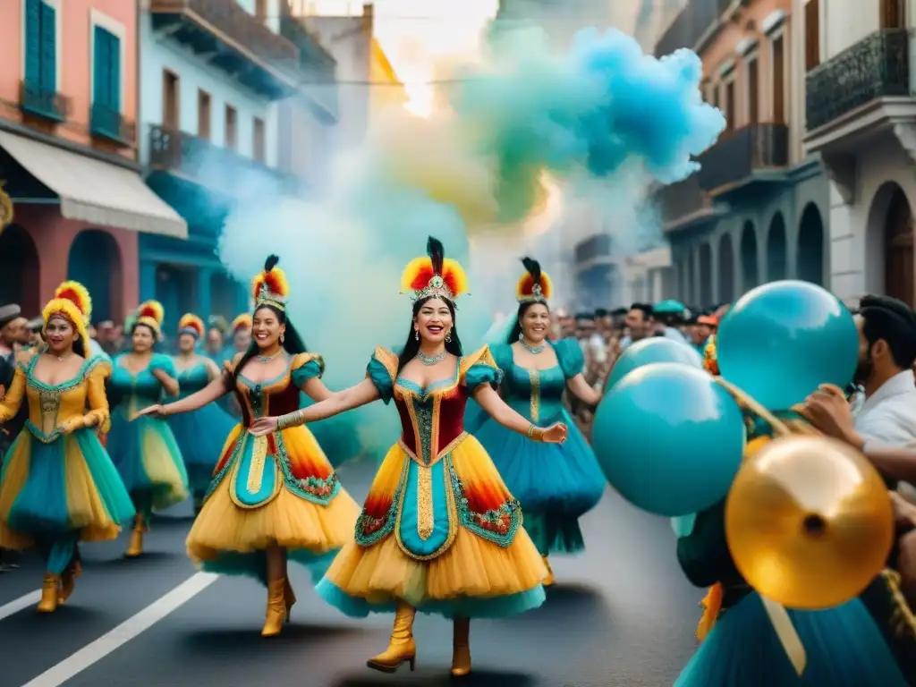 Deslumbrante desfile callejero del Carnaval Uruguayo, con carrozas, trajes coloridos y bailarines alegres, en una ilustración acuarela