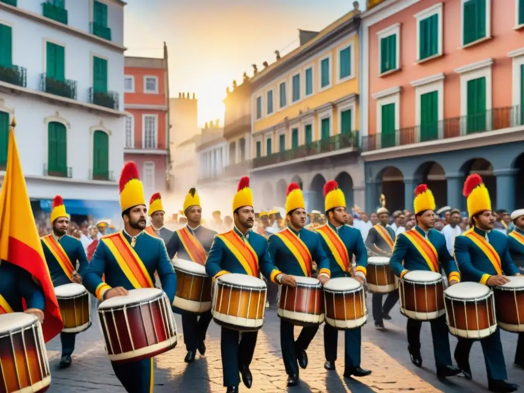 Deslumbrante desfile de Candombe en Uruguay, con tambores, espectadores y edificios históricos