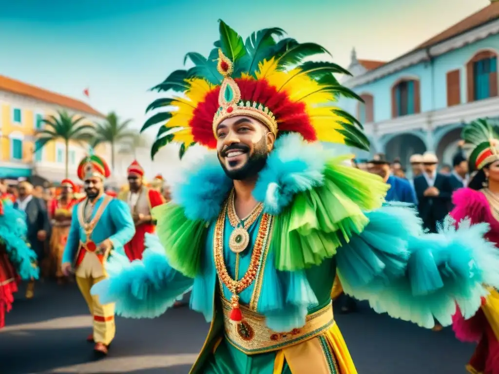 Deslumbrante desfile de Carnaval con artistas coloridos y música animada, capturando la energía festiva