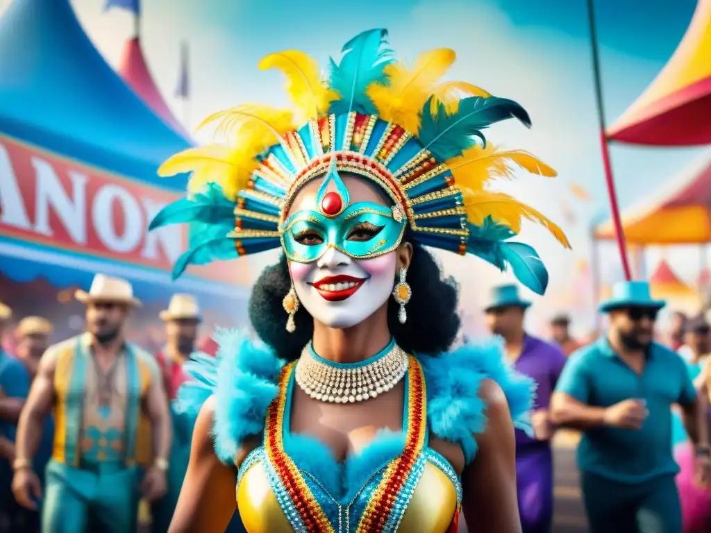 Deslumbrante desfile de carnaval con artistas en trajes elaborados y tocados de plumas, bailando al ritmo de la música