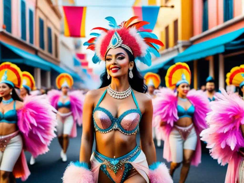 Deslumbrante desfile de Carnaval en Montevideo: bailarines coloridos y plumas, edificios históricos festivos, cielo mágico