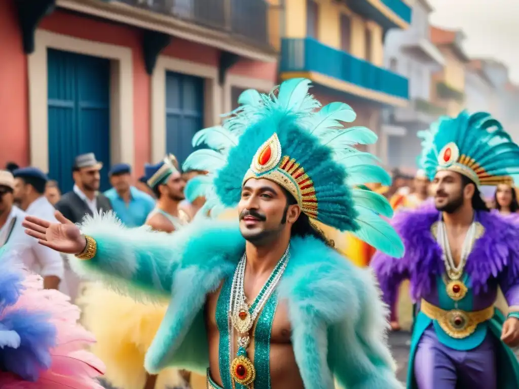 Deslumbrante desfile de Carnaval en Uruguay con bailarines y arquitectura tradicional, ¡Marketing de influencers Carnaval Uruguayo!