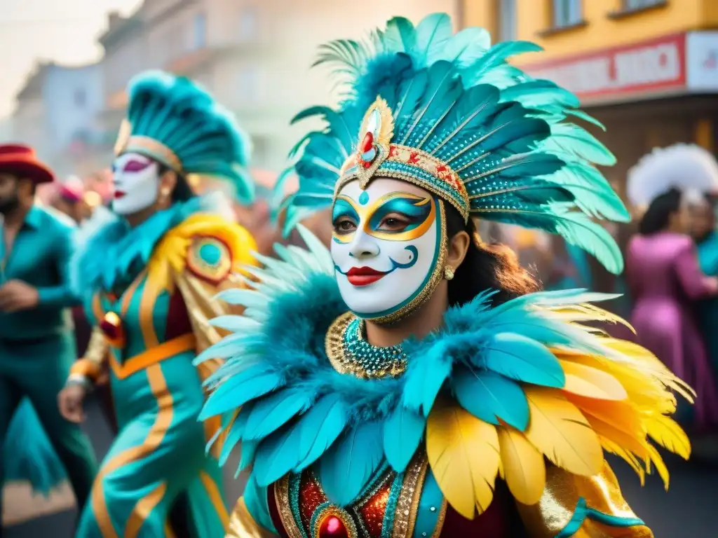 Deslumbrante desfile de Carnaval en Uruguay con bailarines y músicos, energía festiva