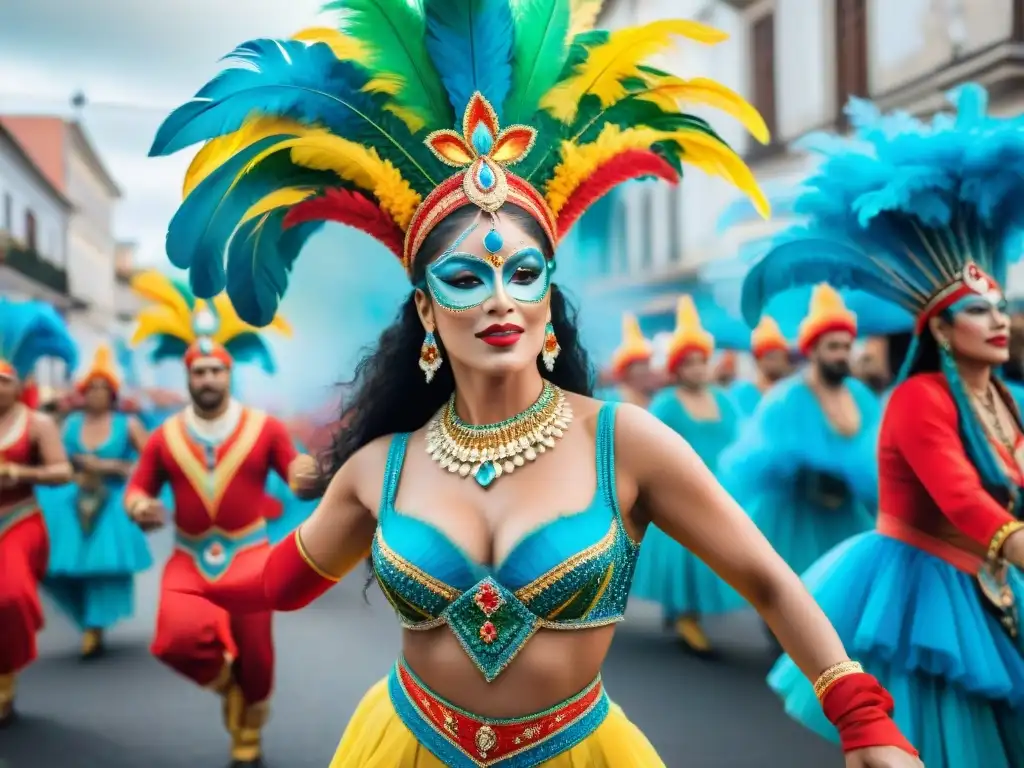 Deslumbrante desfile de Carnaval en Uruguay con bailarines, músicos y coloridas carrozas