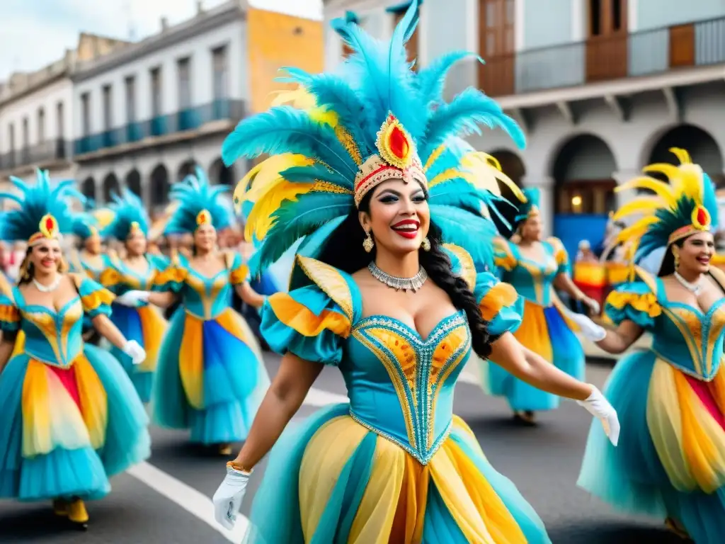 Deslumbrante desfile de Carnaval en Uruguay con bailarines, músicos y espectadores celebrando