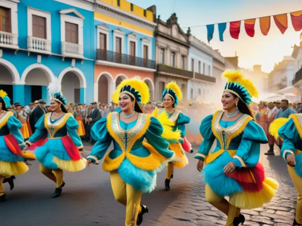 Deslumbrante desfile de carnaval en Uruguay 2023, con bailarines coloridos y música tradicional bajo el atardecer cálido