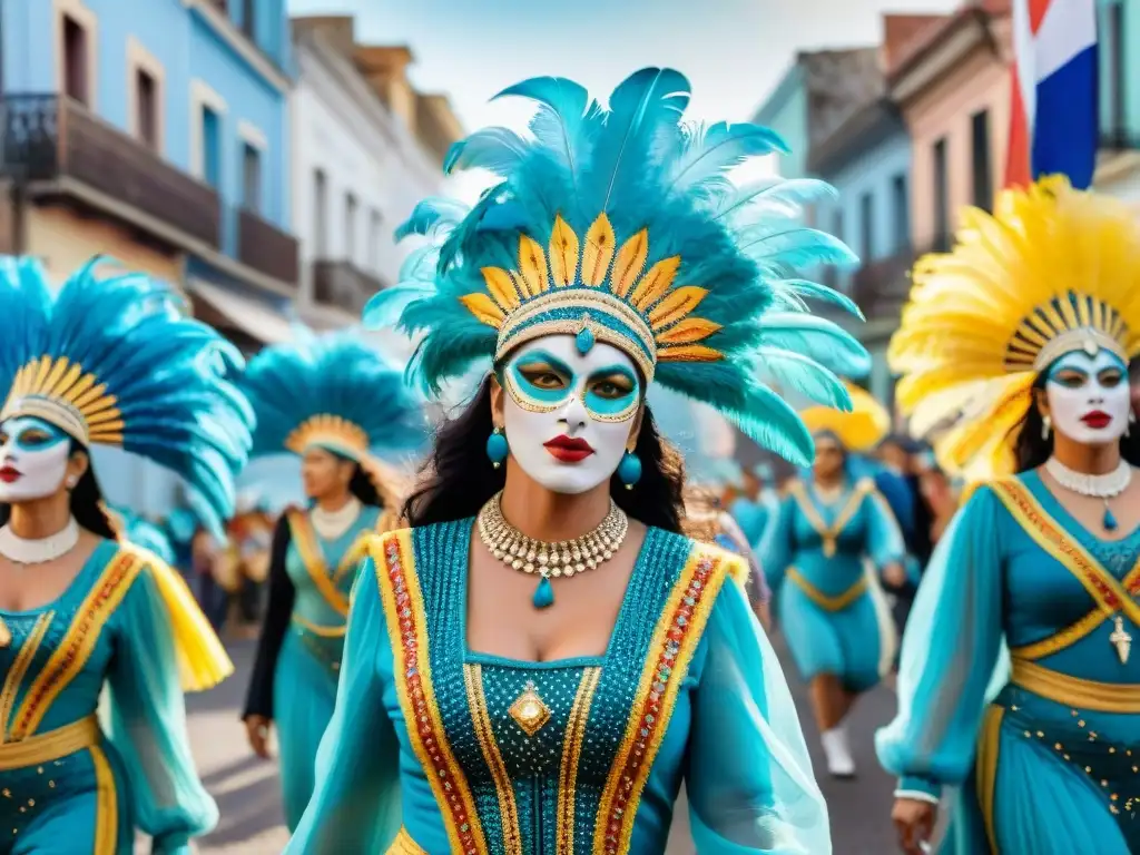 Deslumbrante desfile de Carnaval en Uruguay con bailarines y decoraciones vibrantes, reflejando el impacto social del Carnaval en Uruguay