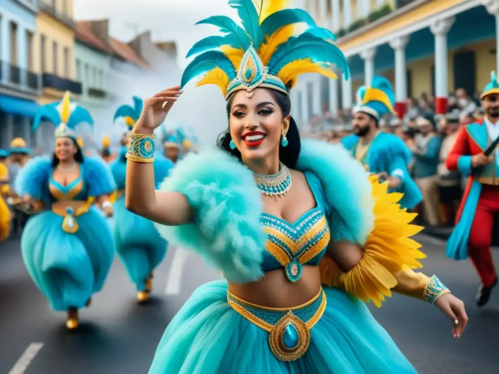 Deslumbrante desfile de Carnaval en Uruguay, con bailarines, músicos y espectadores disfrutando de la vibrante celebración