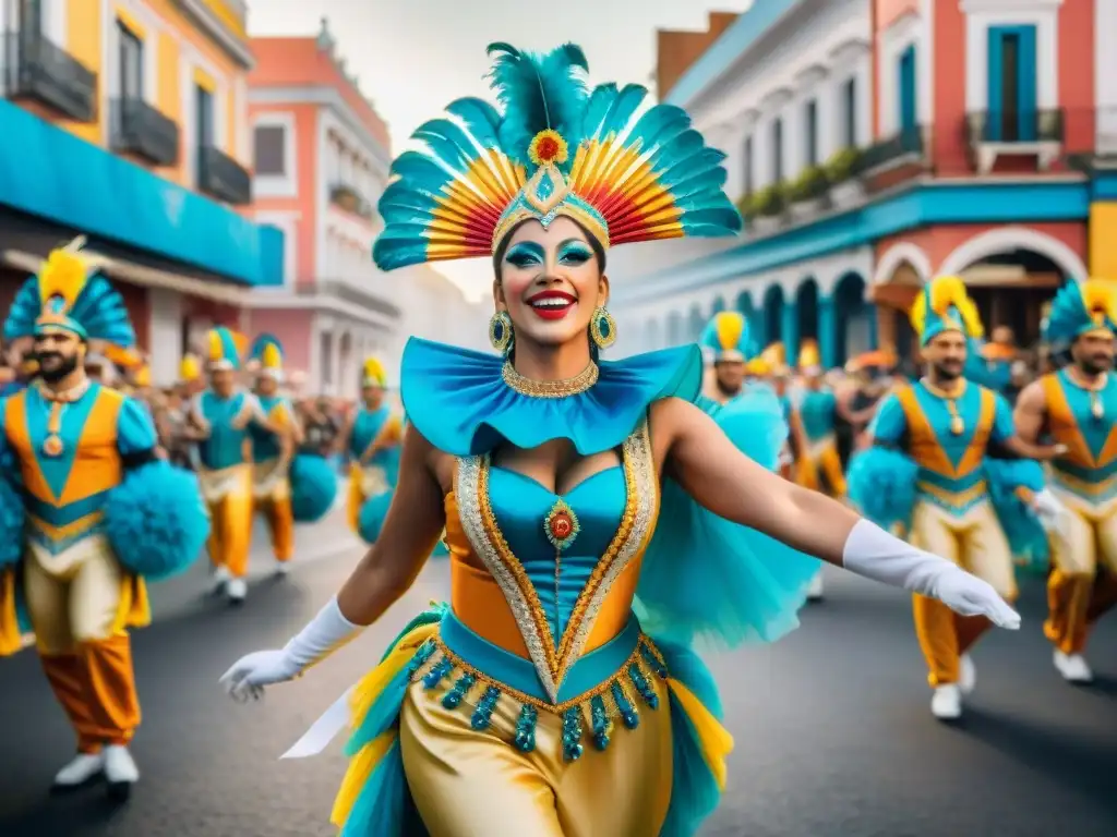 Deslumbrante desfile de carnaval en Uruguay con bailarines, músicos y espectadores celebrando Email marketing Carnaval Uruguayo