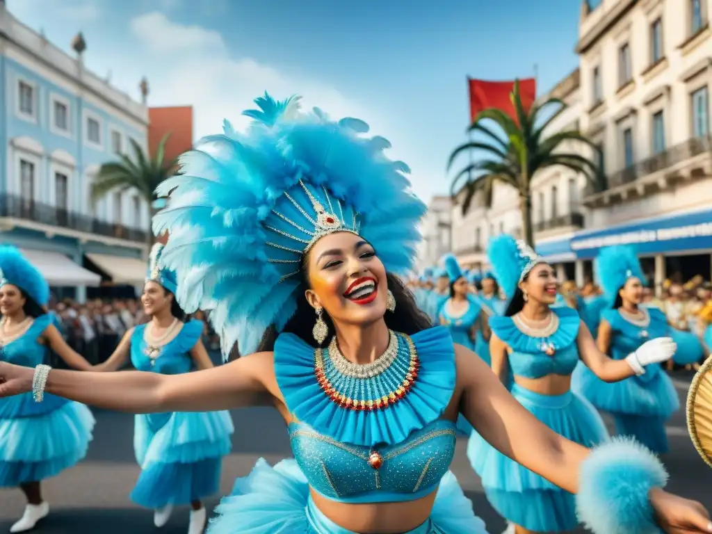 Deslumbrante desfile de carnaval en Uruguay, con bailarines y músicos en trajes coloridos, espectadores animados y decoraciones festivas