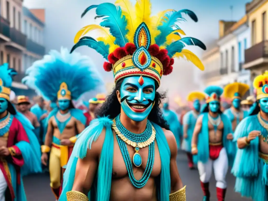 Deslumbrante desfile de Carnaval en Uruguay con bandas y coloridos trajes, reflejando el impacto económico de las bandas de Carnaval en Uruguay