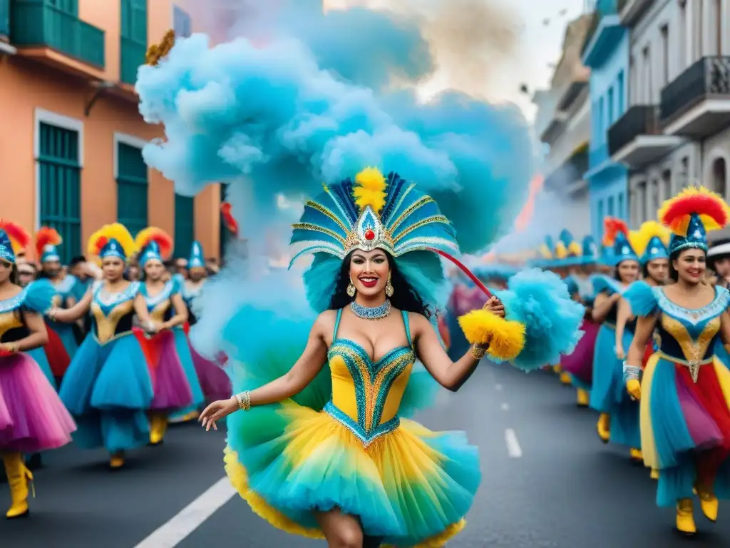 Deslumbrante desfile de Carnaval en Uruguay con carrozas y bailarines, capturando la energía festiva