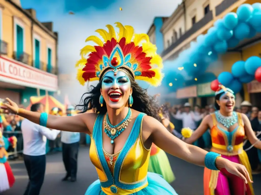 Deslumbrante desfile de carnaval en Uruguay con carrozas y trajes coloridos, músicos y bailarines, creando una atmósfera festiva