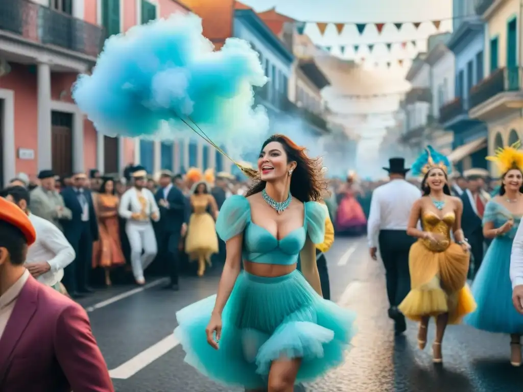 Deslumbrante desfile de Carnaval en Uruguay con carrozas, danzarines y espectadores celebrando en un caótico, armonioso y colorido escenario