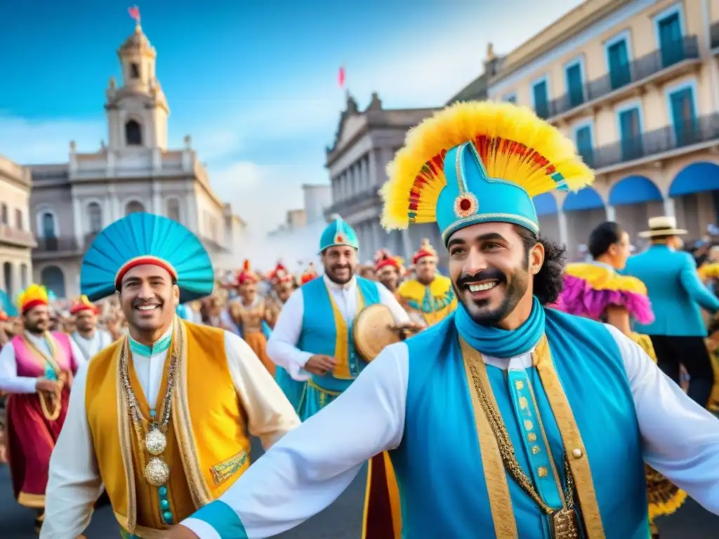 Deslumbrante desfile de Carnaval en Uruguay, con colores vibrantes y alegría contagiosa, ideal para estrategias de marketing en Carnaval Uruguayo