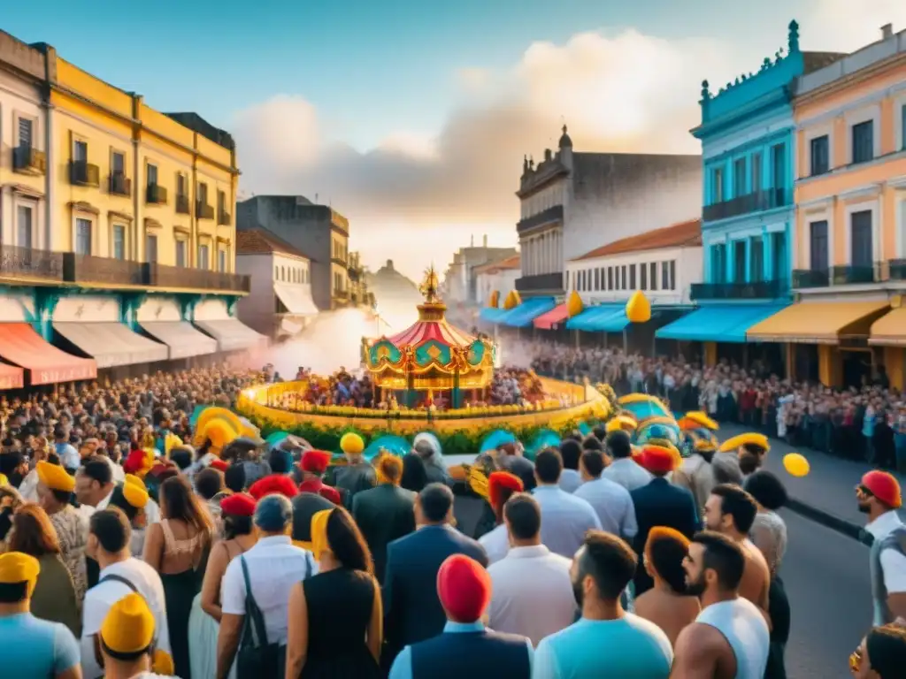 Deslumbrante desfile de carnaval en Uruguay: carrozas coloridas, bailarines con trajes llamativos y espectadores emocionados