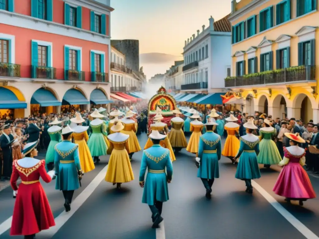 Deslumbrante desfile de Carnaval en Uruguay: carrozas coloridas, bailarines y músicos, frente a edificios coloniales