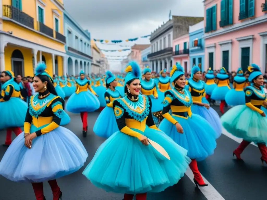 Deslumbrante desfile de Carnaval en Uruguay con coloridos trajes y música tradicional, enmarcado por edificios coloniales festivos