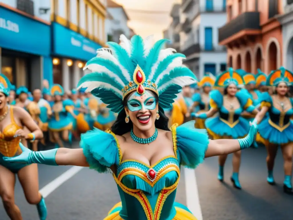 Deslumbrante desfile de Carnaval en Uruguay, con coloridos carros alegóricos, bailarines y multitudes disfrutando del evento