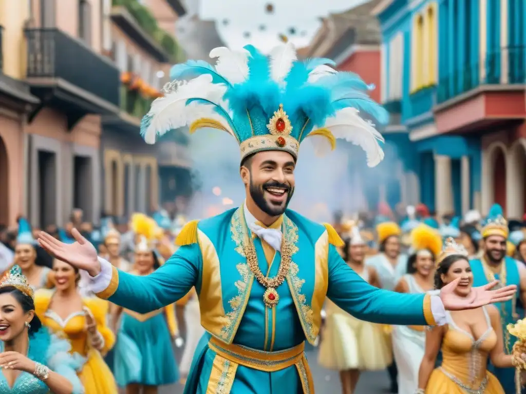 Deslumbrante desfile de carnaval en Uruguay con coloridos carros alegóricos y bailarines en trajes elaborados