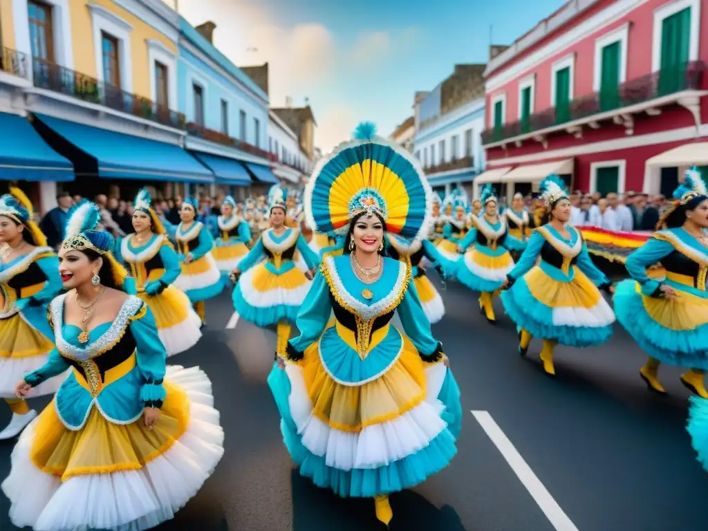 Deslumbrante desfile de Carnaval en Uruguay, con coloridos trajes y música animada, ideal para el Marketing para promocionar Carnaval Uruguayo