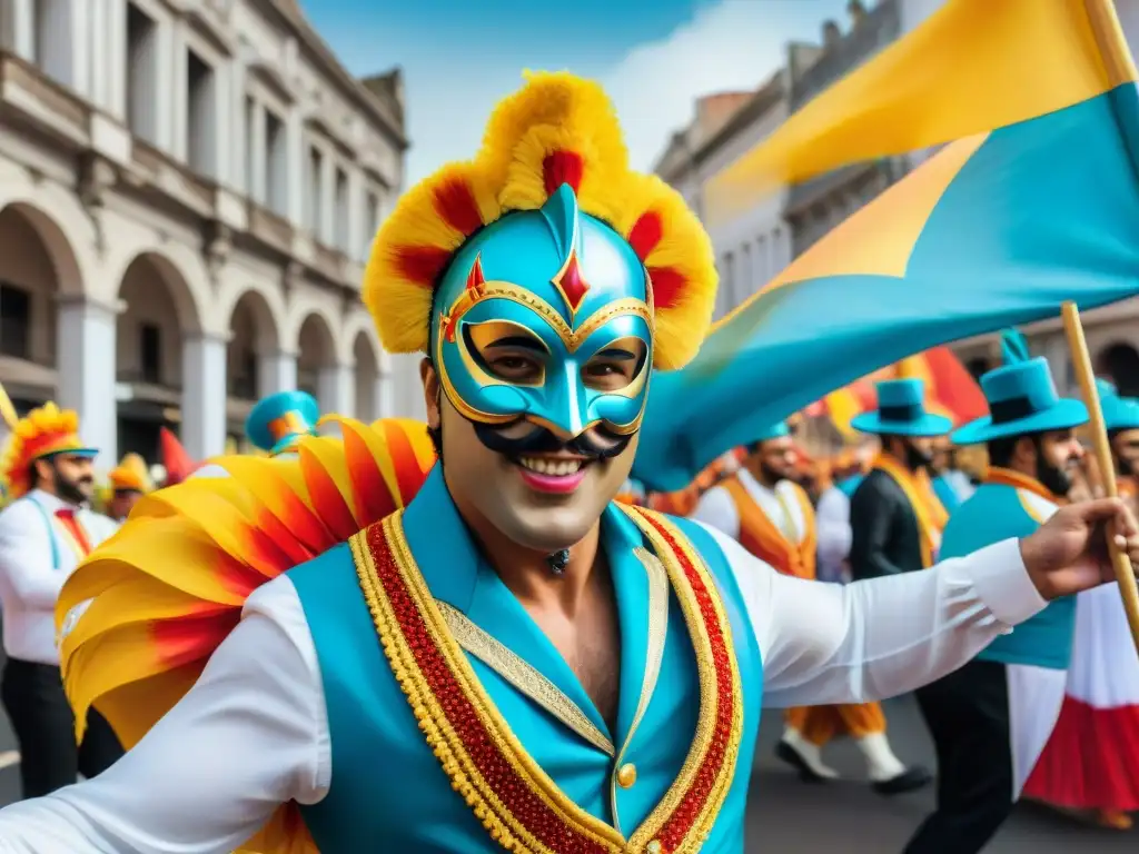 Deslumbrante desfile de carnaval en Uruguay con coloridos trajes y máscaras