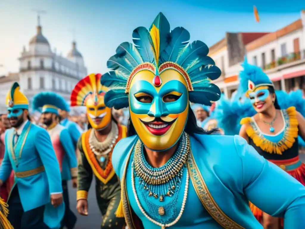 Deslumbrante desfile de Carnaval en Uruguay con coloridos trajes y máscaras, danzas energéticas y música tradicional