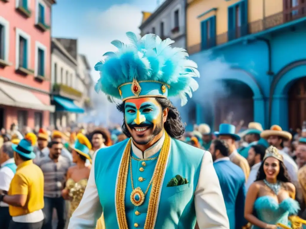 Deslumbrante desfile de Carnaval en Uruguay, con coloridos trajes y carrozas detalladas, reflejando la historia y evolución del Carnaval Uruguayo