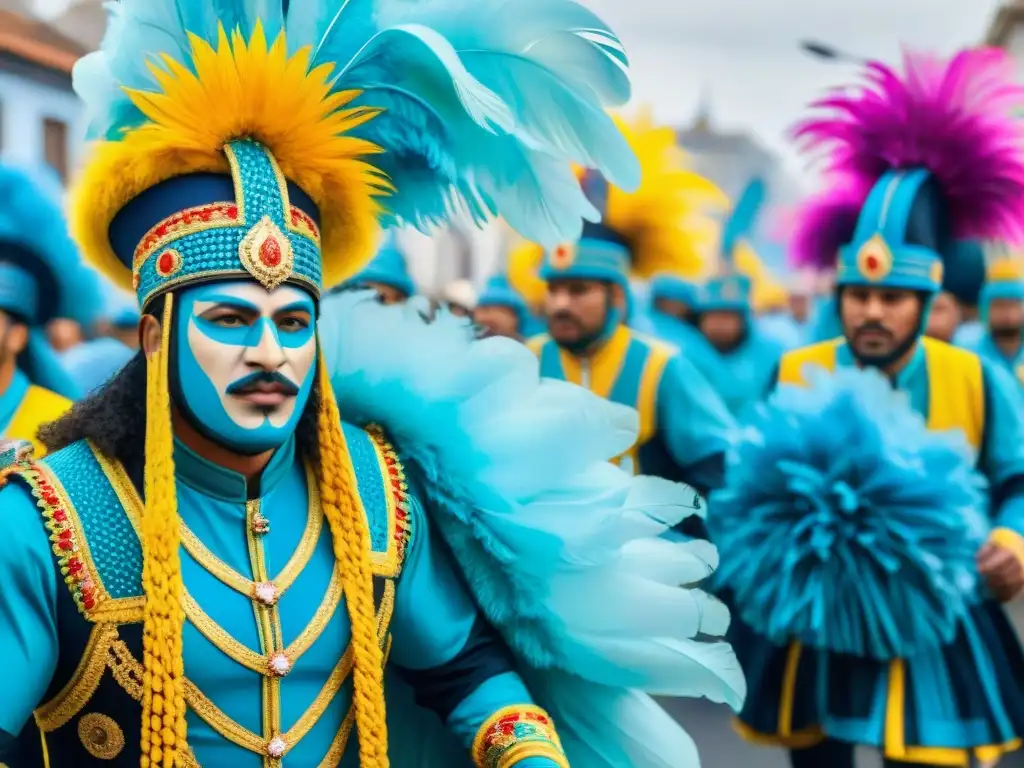 Deslumbrante desfile de Carnaval en Uruguay, con coloridos carros alegóricos y bailarines en trajes elaborados