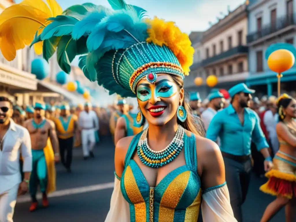 Deslumbrante desfile de Carnaval en Uruguay con coloridos trajes, músicos y espectadores, capturando la energía festiva