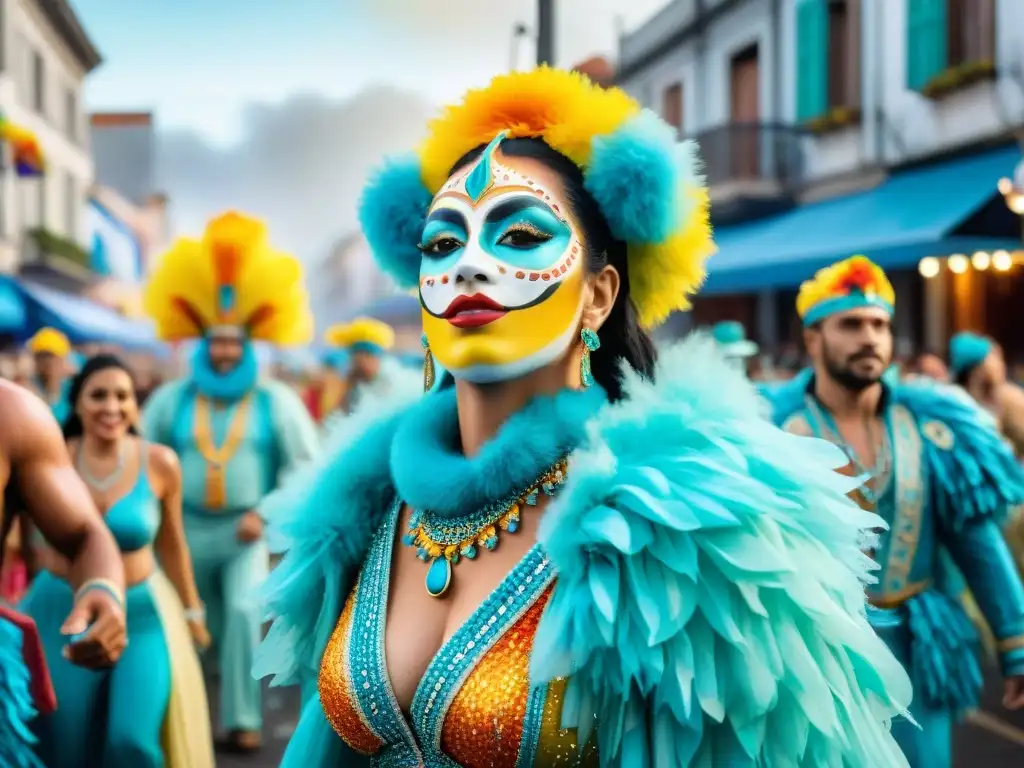 Deslumbrante desfile de Carnaval en Uruguay, con coloridos trajes y energía festiva, reflejando el impacto social del Carnaval Uruguayo